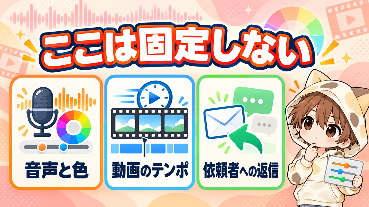 テンプレートで固定しない音声と色・動画のテンポ・依頼者への返信