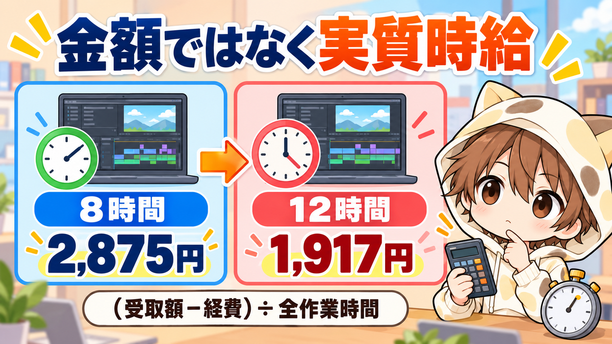 同じ受取額でも作業時間が増えると実質時給が下がる