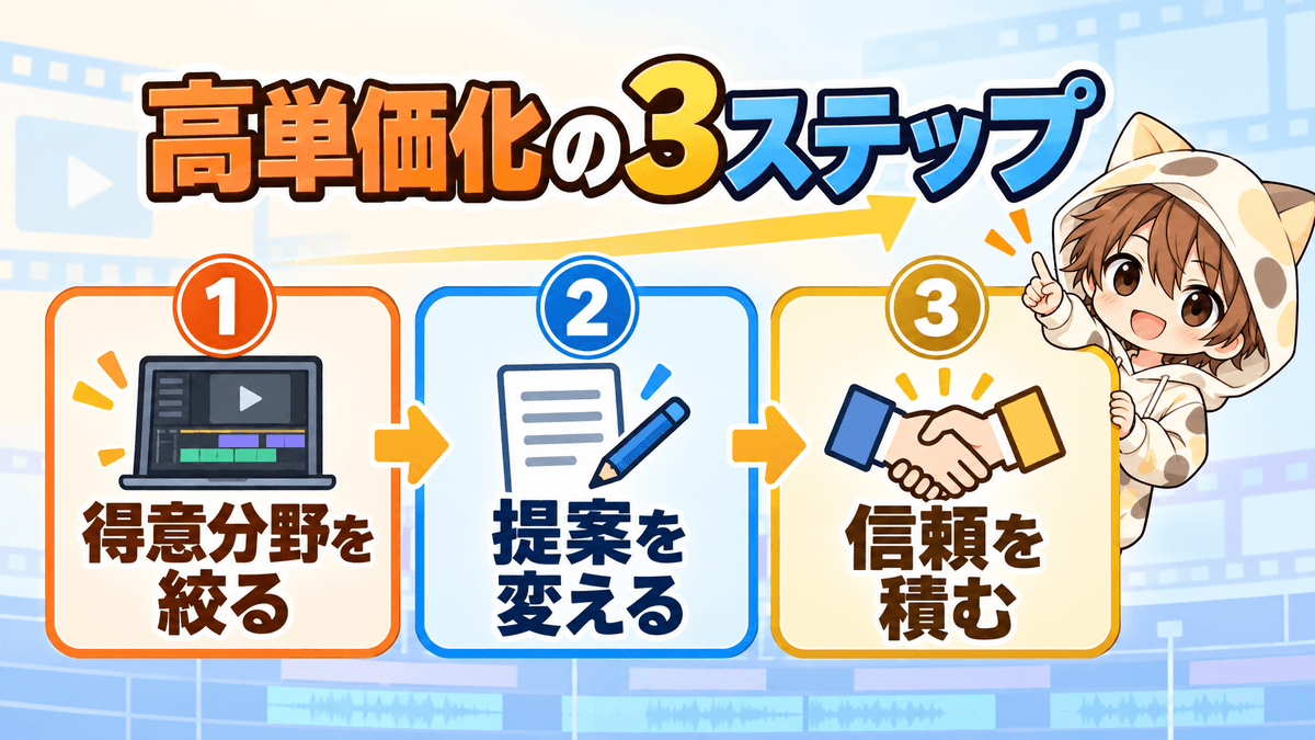 動画編集で高単価化する得意分野・提案・信頼の3ステップ