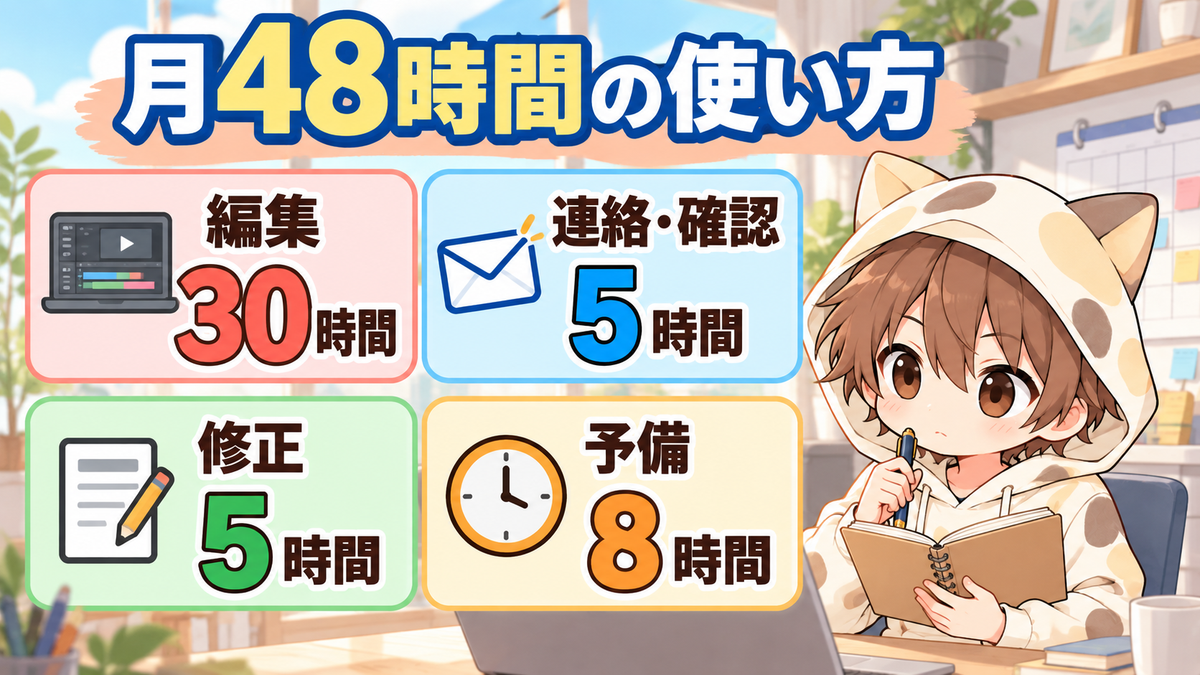 副業動画編集の月48時間を編集・連絡確認・修正・予備へ配分する