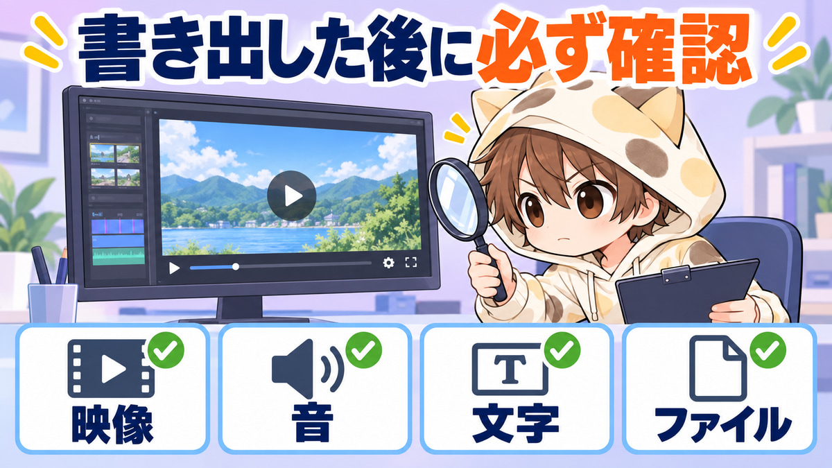 動画を書き出した後に確認する映像・音・文字・ファイル