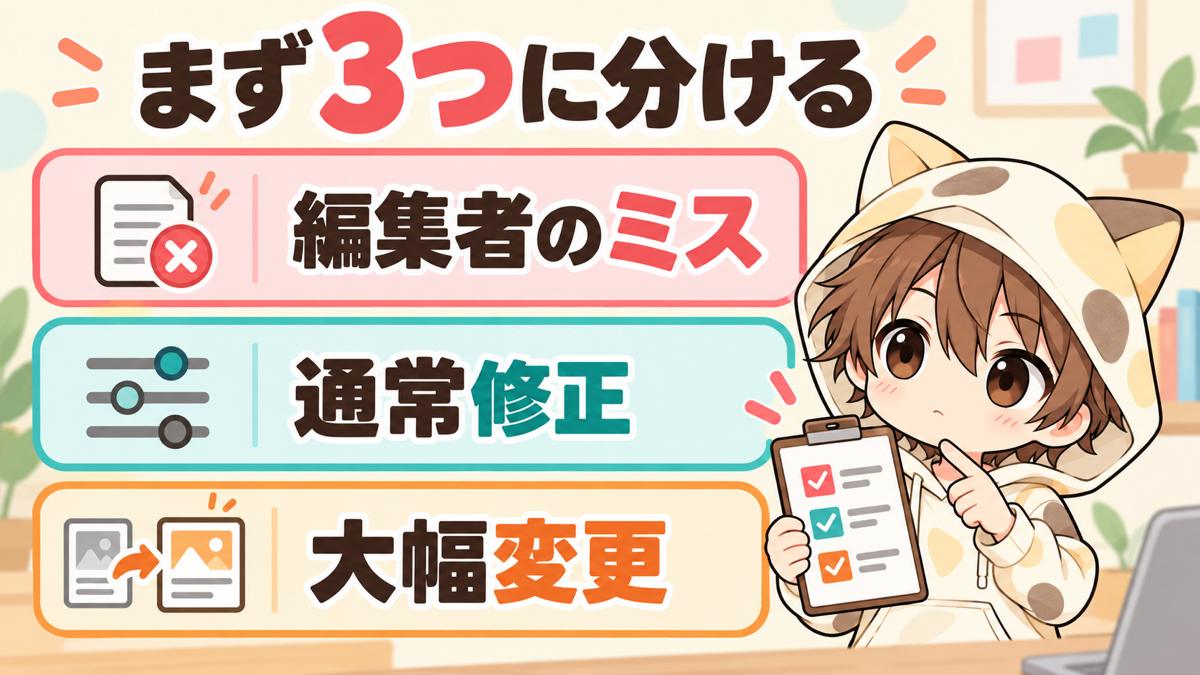 動画編集の修正を編集者のミス・通常修正・大幅変更の3つに分ける