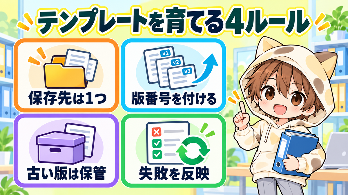 テンプレートを育てる保存先・版番号・旧版保管・失敗反映の4ルール