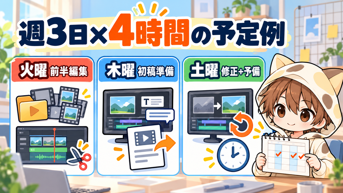 副業動画編集を火曜・木曜・土曜の週3日4時間で進める予定例