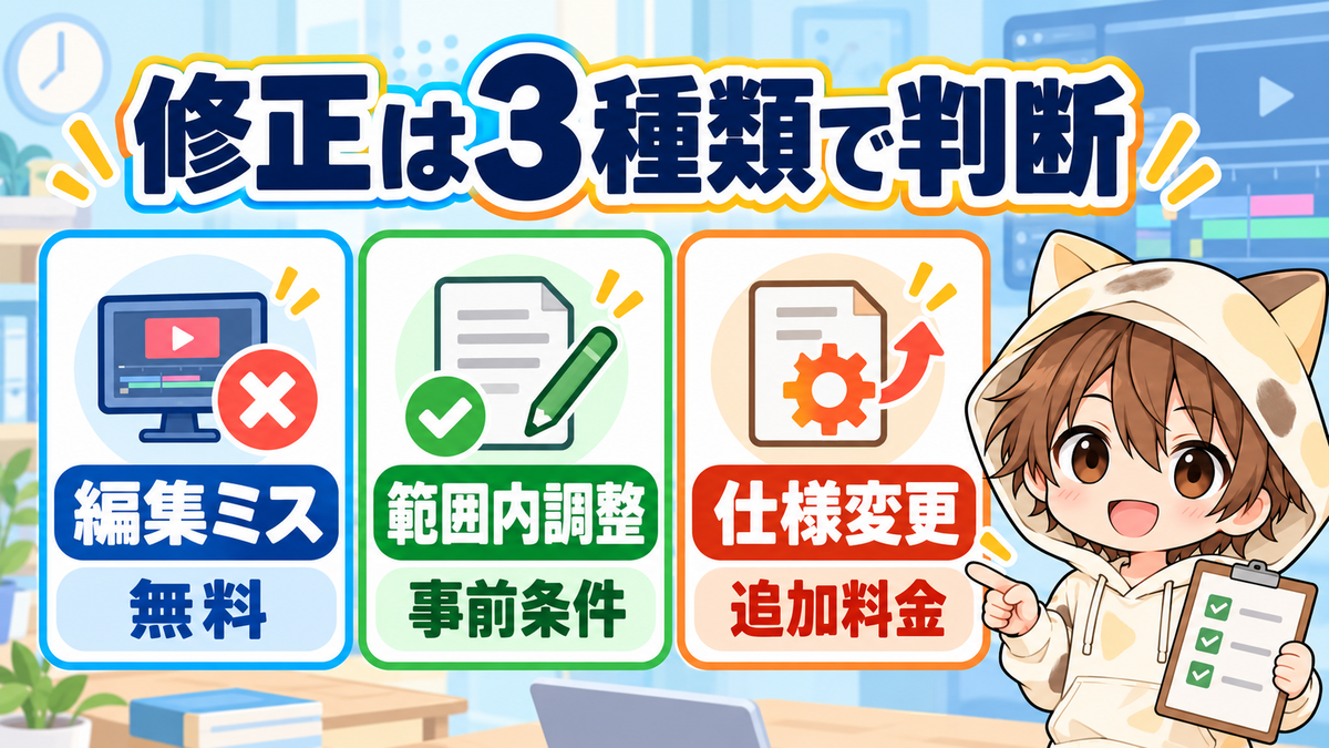 動画編集の修正を編集ミス・範囲内調整・仕様変更の3種類で判断する