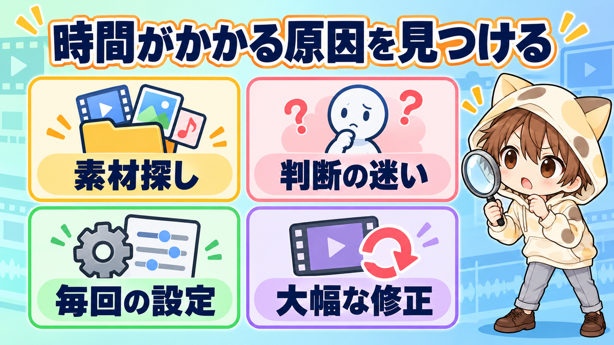 動画編集で時間がかかる素材探し・判断の迷い・毎回の設定・大幅な修正