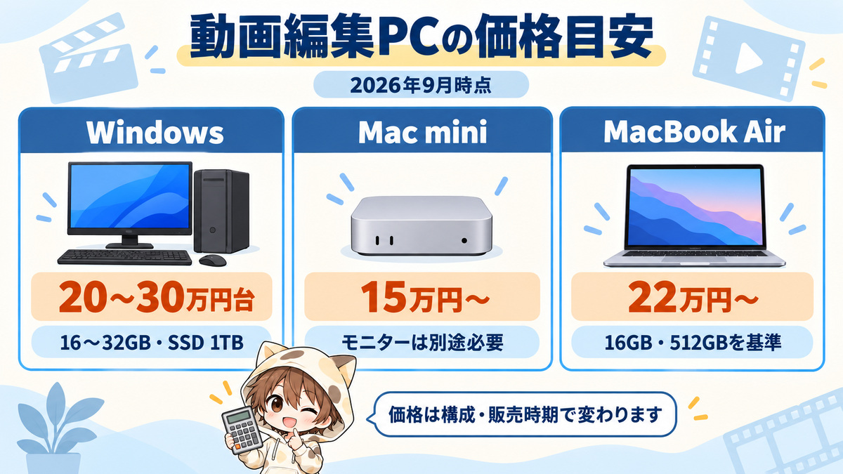 2026年9月時点の動画編集用パソコンの価格目安