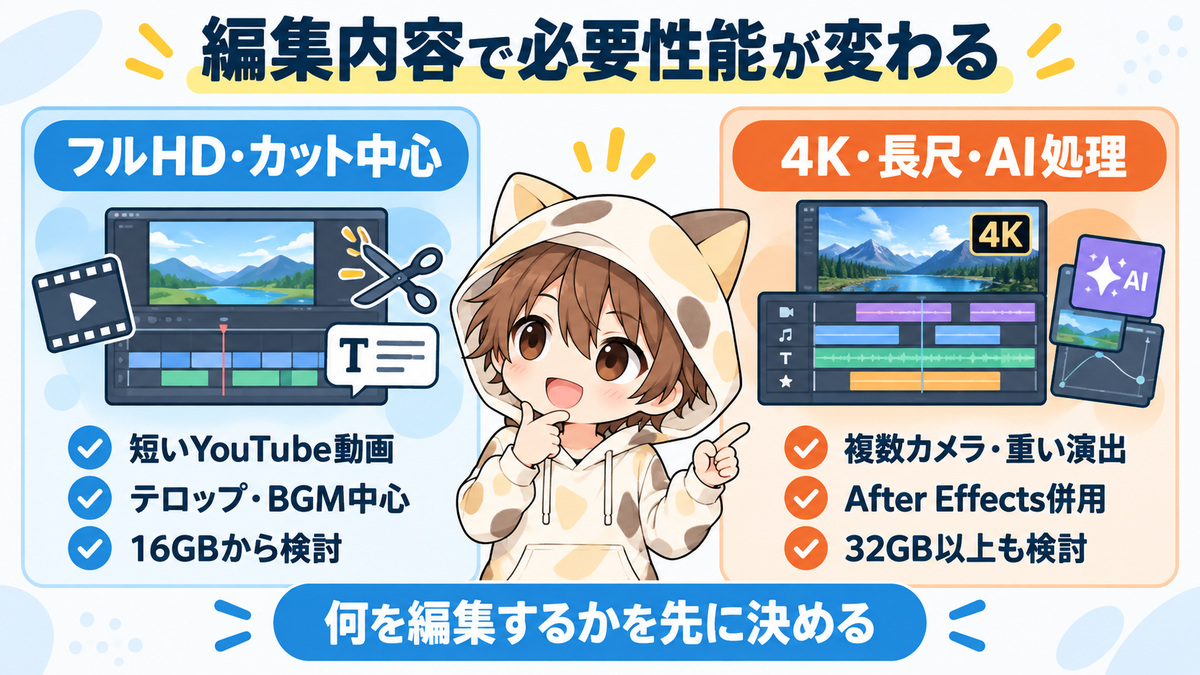 編集内容によって変わる動画編集パソコンの必要性能