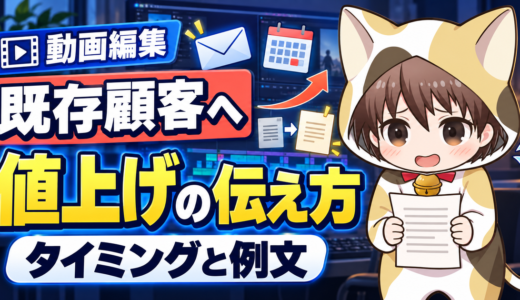 動画編集の値上げを既存顧客へ伝えるタイミングと例文のアイキャッチ