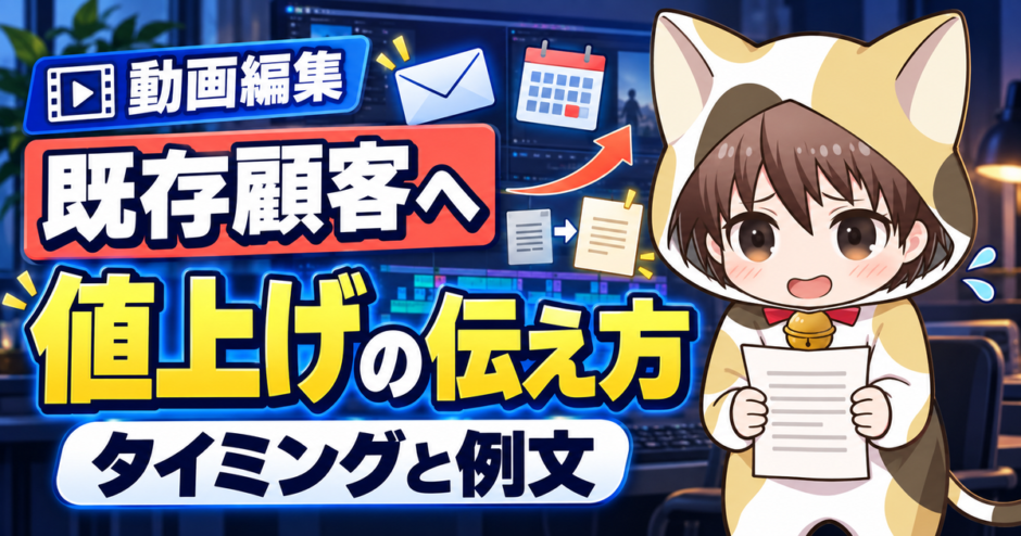 動画編集の値上げを既存顧客へ伝えるタイミングと例文のアイキャッチ