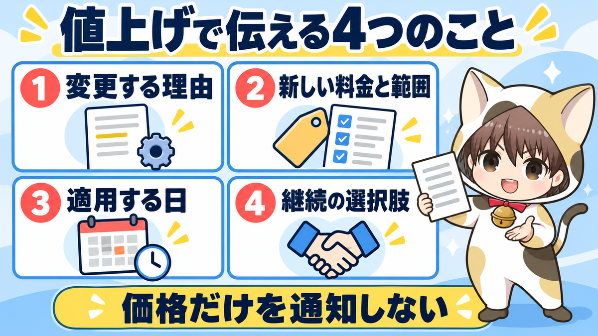 既存顧客へ値上げを伝えるときに必要な4項目