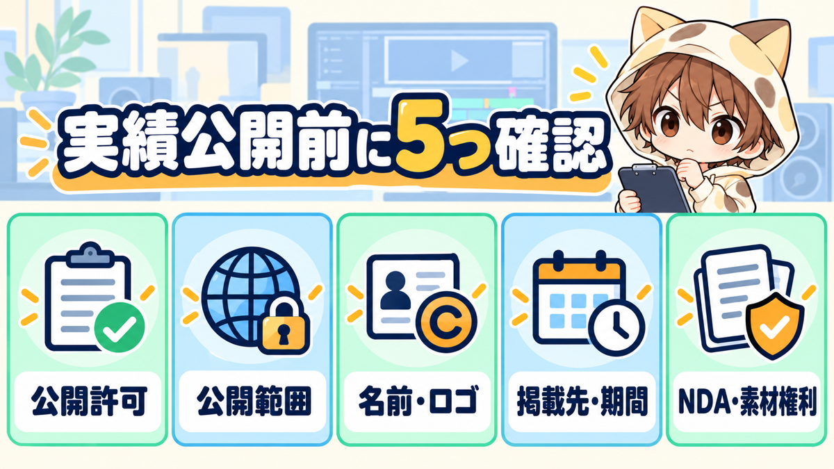公開許可、公開範囲、名前とロゴ、掲載先と期間、NDAと素材権利の5項目