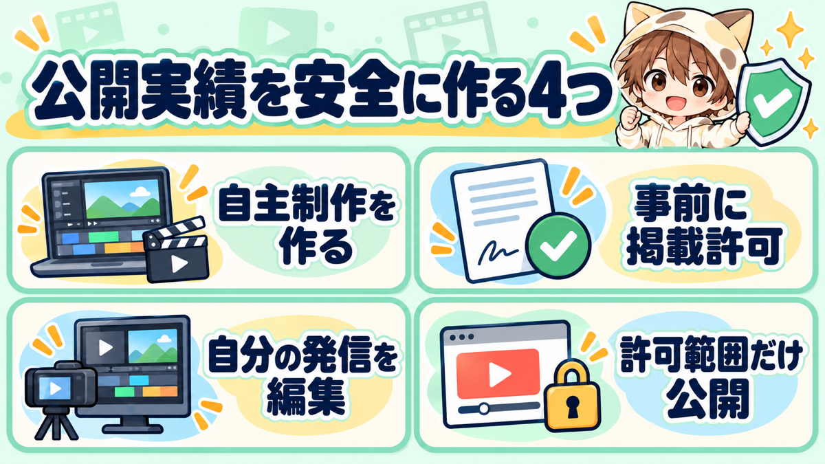 自主制作や事前許可によって公開実績を安全に作る4つの方法