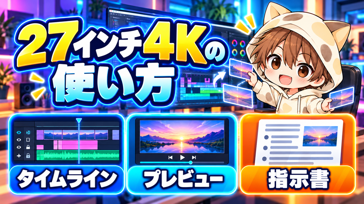 27インチ4Kモニターで表示する編集画面