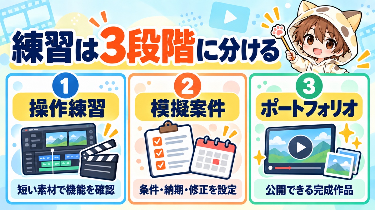 動画編集の練習を操作練習・模擬案件・ポートフォリオの3段階に分ける